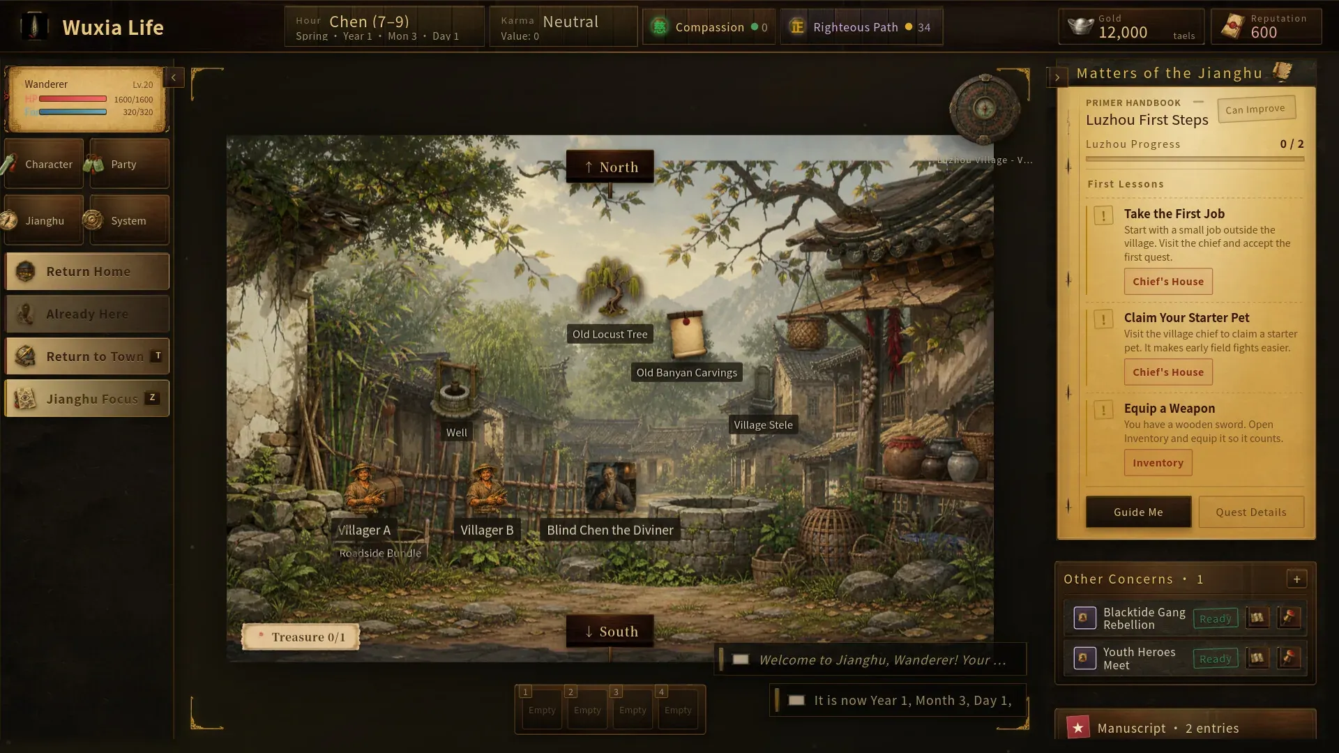 Wuxia Life demo screenshot: Luzhou Village, with the Matters of the Jianghu quest panel open on the right