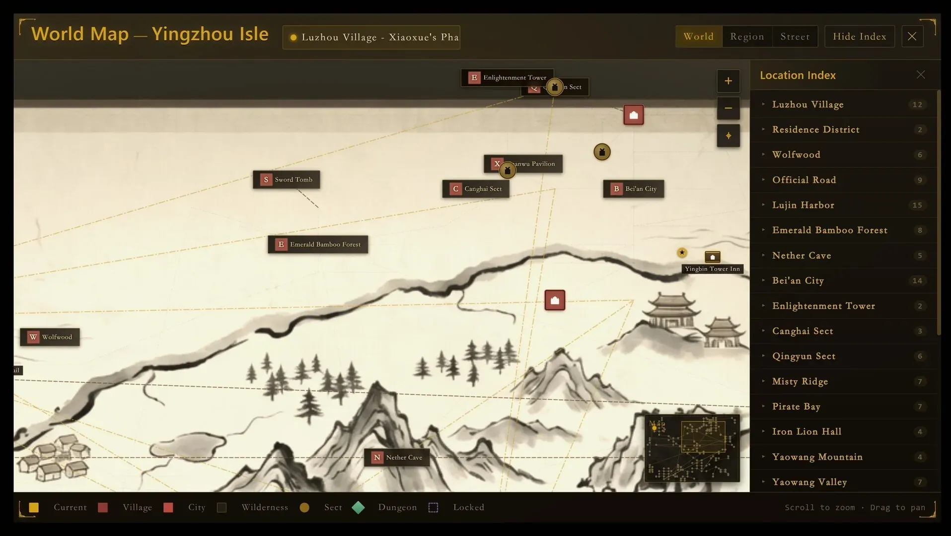 Wuxia Life demo screenshot: the ink-wash world map of Yingzhou Isle, with the Location Index open on the right